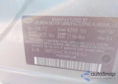 2012 Hyundai Sonata Gls Pzev из США, поврежденный, VIN 5NPEB4AC9CH448163